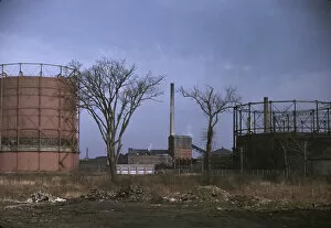 Chimneys Collection: Industrial area in Massachusetts, possibly around New Bedford, ca. 1941. Creator: Jack Delano