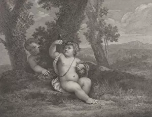 Images Dated 26th October 2020: The infant Bacchus seated under a tree, holding up a wine glass