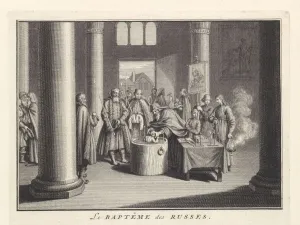 Picart Collection: Infant Baptism in Russia, 1732. Artist: Picart, Bernard (1673?1733)