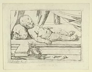 The infant Christ asleep on a cross, his head resting on a skull, a crown of thorn..., 17th century. Creator: Anon