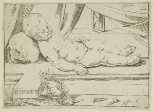 The infant Christ asleep on a cross, his head resting on a skull, a crown of thorn... 17th century. Creator: Anon