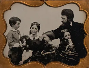 Informal Studio Portrait of Young Family with Three Children, 1850s-60s. Creator: Unknown Informal Studio Portrait of Young Family with Three Children, 1850s-60s. Creator: Unknown