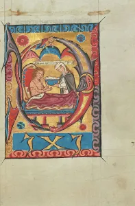 Caring Prints: Initial D: A Woman Feeding a Leper in Bed; Psalter, about 1275-1300. Creator: Unknown