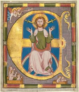 Initial E from a Municipal Law Book: The Last Judgment, c. 1330. Creator: Unknown