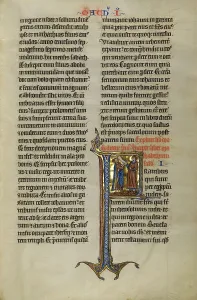 Initial F: Delivery of a Letter to Jews in Egypt; Marquette Bible, about 1270. Creator: Unknown