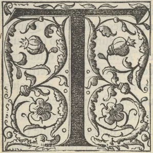 Images Dated 10th November 2020: Initial letter T with garlands, mid-16th century. Creator: Unknown