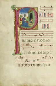 Manger Prints: Initial P: The Adoration of the Christ Child and The Annunciation to the Shepherds