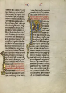 Initial P: Saint Paul Giving a Book to a Messenger; Concluding Volume of a Bible, about 1260-1270. Creator: Unknown