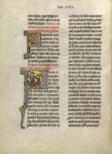 Tempera Gold Leaf And Pen And Black Ink Prints: Initial P: Saint Paul Giving a Book to a Messenger; Concluding Volume of a Bible