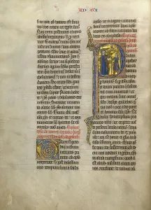 Tempera Gold Leaf And Pen And Black Ink Prints: Initial P: Saint Paul Giving a Book to a Messenger; Concluding Volume of a Bible