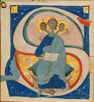 Initial "S" with miniature of the Trinity as singer with three heads, before 1400. Creator: Anonymous