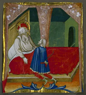 And Gold On Parchment Prints: Initial T from a Choral Book with Isaac and Esau