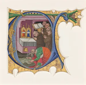 Liturgical Prints: Initial T with a group of Benedictine monks singing before an altar from which issues water