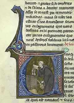 Initial Prints: Initial V': a monk-cellarer tasting wine from a barrel whilst filling a jug