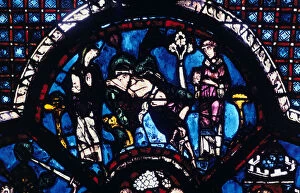 Ignoring Gallery: Injured pilgrim ignored by priest and Levite, stained glass, Chartres Cathedral, France, 1205-1215