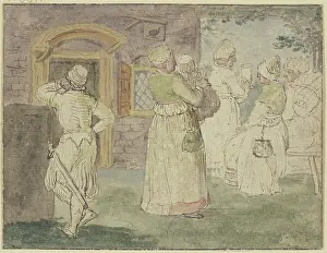 Pastel Prints: In front of an inn, a soldier is on the left
