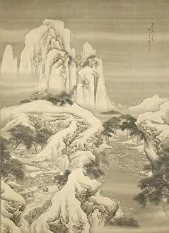 Travellers Collection: Inn and Travelers in Snowy Mountains, dated 1745. Creator: Yuan Yao
