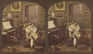 Stereoscopy Prints: Innocence: woman seated in parlor fixing her shoe, about 1860. Creator: Unknown