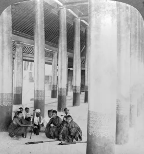 Squatting Prints: Inside the audience hall, Mandalay Palace, Burma, c1900s(?). Artist: Underwood & Underwood