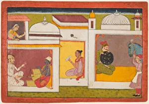 Color On Paper Prints: Inside a building, Madhava sits facing a man holding a scale, from a Madhavanala