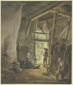 Doors Prints: Inside a farmhouse, the woman sits by the door