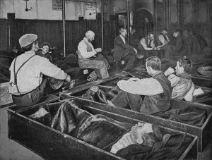 Hardship Prints: Inside Medland Hall homeless shelter, Ratcliff, London, c1900 (1901)