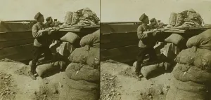 Sandbags Prints: Inside a Russian fort during the siege - shell marks around a dummy gun - Port Arthur