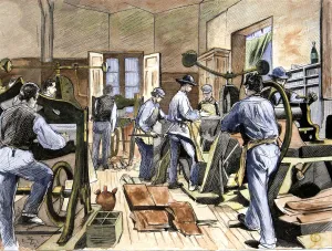 Department Prints: Inside the shoe factory of Mr. Soldevila, soles cutting department, in 1874, colored