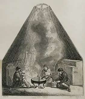 Locals Prints: Inside view of a Kalmyk yurt, called gher, Russia, 1839. Creator: Emile Louis Vernier