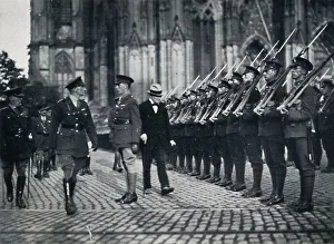 Tucker Prints: Inspection of troops at the foot of Cologne Cathedral, 1919, (1945)