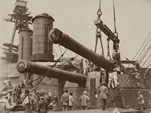 Fleet Prints: Installation of a gun in the Japanese battleship Hyuga at the Mitsubishi Nagasaki Shipyard