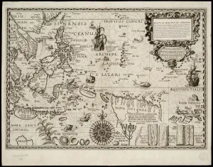 Southeast Asia Prints: Insulae Moluccae celeberrimae sunt ob maximam aromatum copiam quam per totum terrarum orbem mittunt? Artist: Plancius