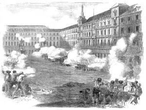 Insurrection Prints: The Insurrection in Madrid - Conflict in the Plaza Mayor, 1854. Creator: Unknown