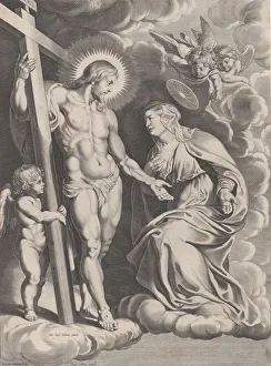 Egbert Van Gallery: The Intercession of the Virgin, kneeling on a cloud at right before Christ, standin