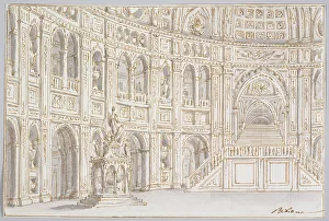 Arcade Prints: An interior with arcaded gallery and staircase
