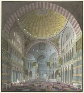 Istanbul Turkey Prints: Interior of the Aya Sophia with kneeling and standing Turks