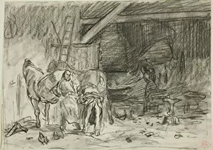 Blacksmiths Shop Gallery: Interior of a Blacksmiths Shop (recto); Man Bending Over, Seen from Read (verso)