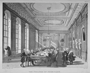 Augustus Charles Gallery: Interior of the boardroom with board members, College of Physicians, City of London, 1808