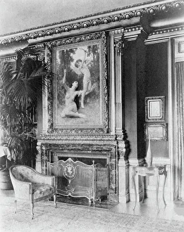 Interior with Bouguereau's Flight of Love painting over fireplace... Greenwich, Connecticut, 1908 Creator: Frances Benjamin Johnston. Interior with Bouguereau's Flight of Love painting over fireplace... Greenwich, Connecticut