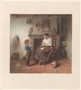 Kite Prints: Interior with a boy and his kite, and a woman, 1869. Creator: Frederik William Zurcher