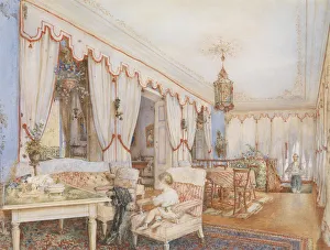 Country Estate Prints: Interior with a child playing with a dog, 1846