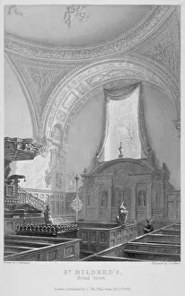 Keux Gallery: Interior of the Church of St Mildred, Bread Street, City of London, 1838. Artist