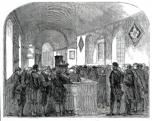 Alter Prints: Interior of Drayton Bassett Church, (funeral of Sir Robert Peel), 1850. Creator: Unknown