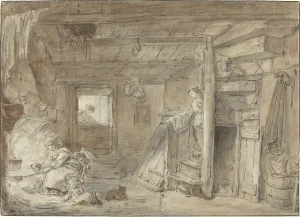 Robert Hubert Prints: Interior of a Farmhouse with Figures, late 18th century. Creator: Hubert Robert