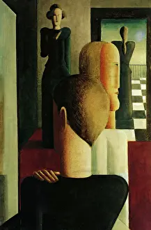 Bauhaus Prints: Interior with Four Figures, Roman, 1925. Creator: Oskar Schlemmer