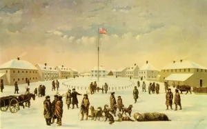 Huskies Prints: Interior of Fort Garry c.1850: Winnipeg, Manitoba, 1941. Creator: H. A. Strong