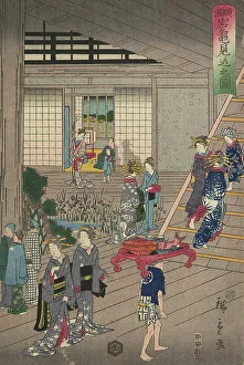Oban Triptych Prints: The Interior of the Gankiro in Yokohama (Yokohama Gankiro mikomi no zu)