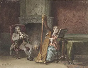 Harpist Prints: Interior with girl who plays harp and a gentleman in a chair watching