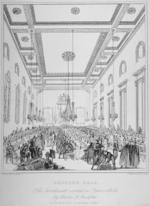 Food And Drink Prints: Interior of Grocers Hall during a banquet, City of London, 1830. Artist: T Kearnan