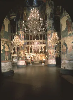 Interior with the iconostasis in the Assumption of the Blessed Virgin Cathedral in the Moscow Kremlin, 14th-15th cen Artist: Old Russian Architecture